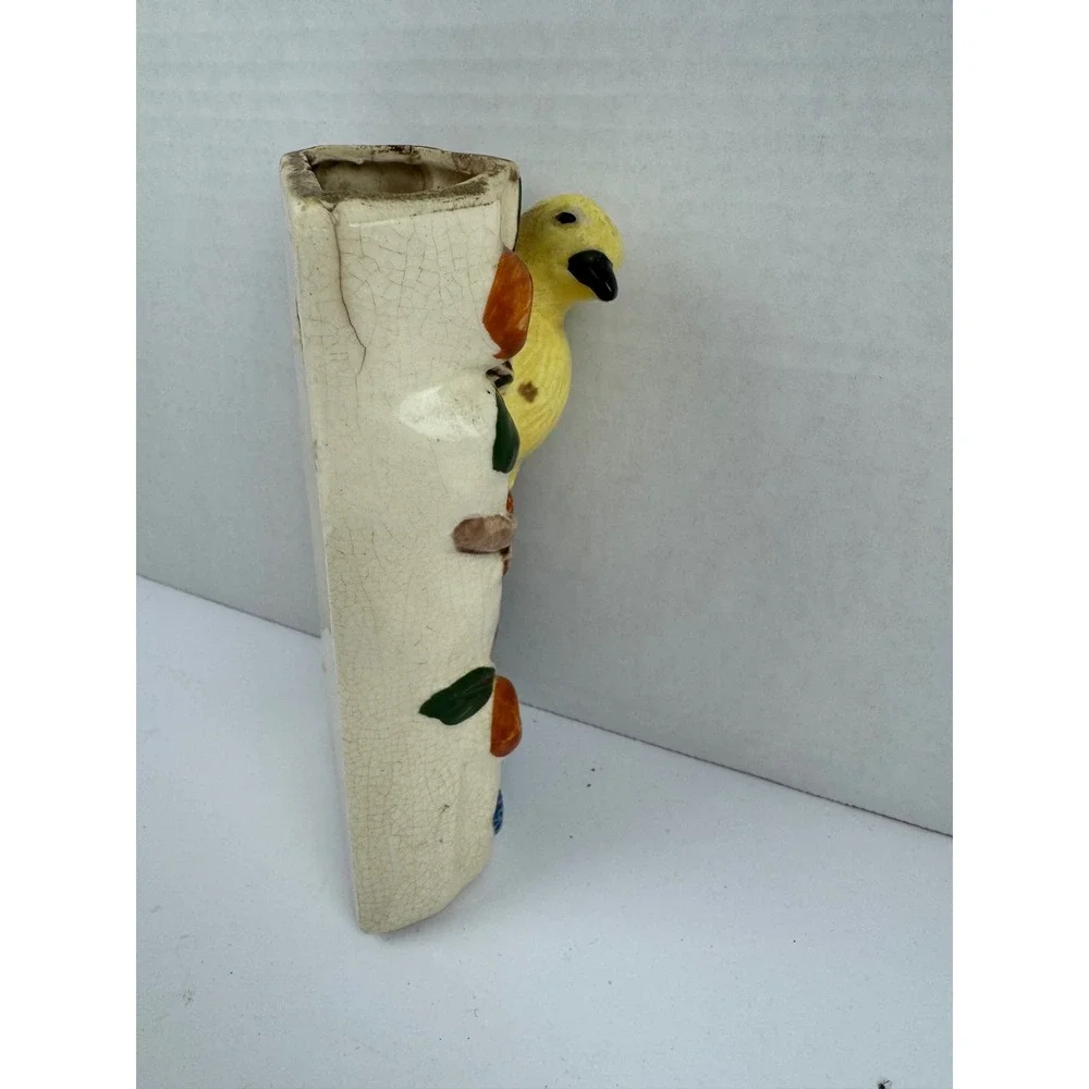 Vintage Ceramic Bird Wall Pocket Vase Yellow Bird Tree Branch Mid Century FLAW
